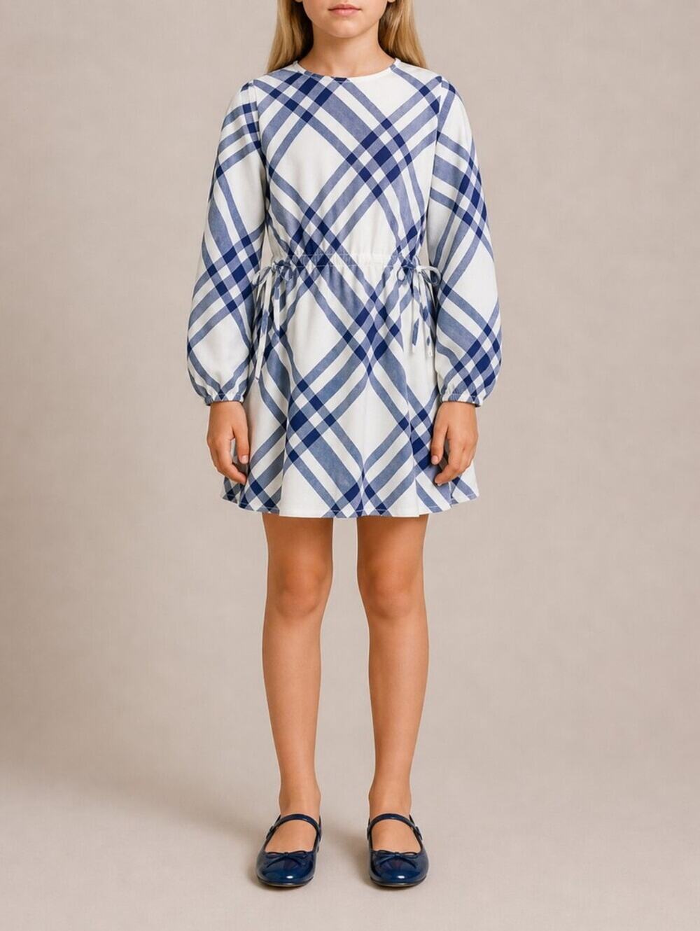 NWT Burberry Girls Blue Plaid Long Sleeve Drawstring Waist Dress 10Y 10